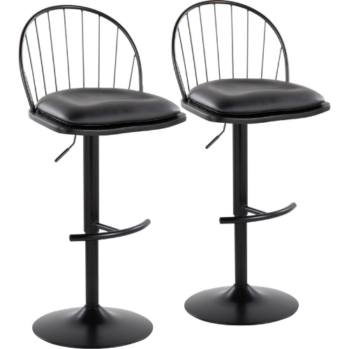 Riley Adjustable Height Swivel Bar Stool in Black Metal, Black Wood & Black Leatherette (Set of 2)